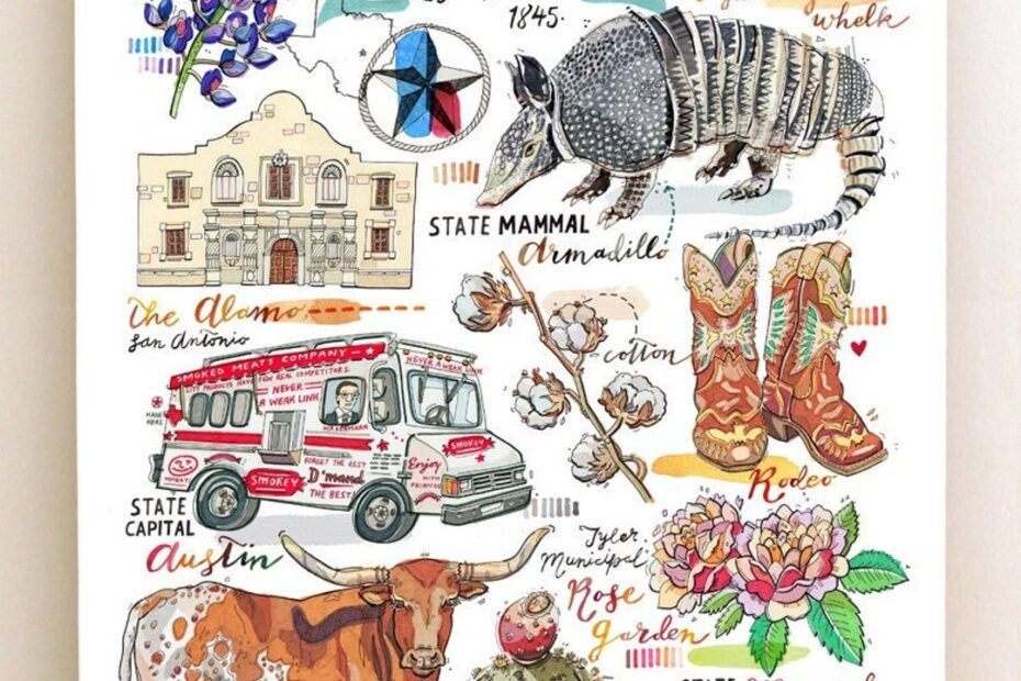 Texas Print Illustration State Symbols The Lone Star State Armadillo Longhorn Cow Alamo Cowboy Etsy Denmark