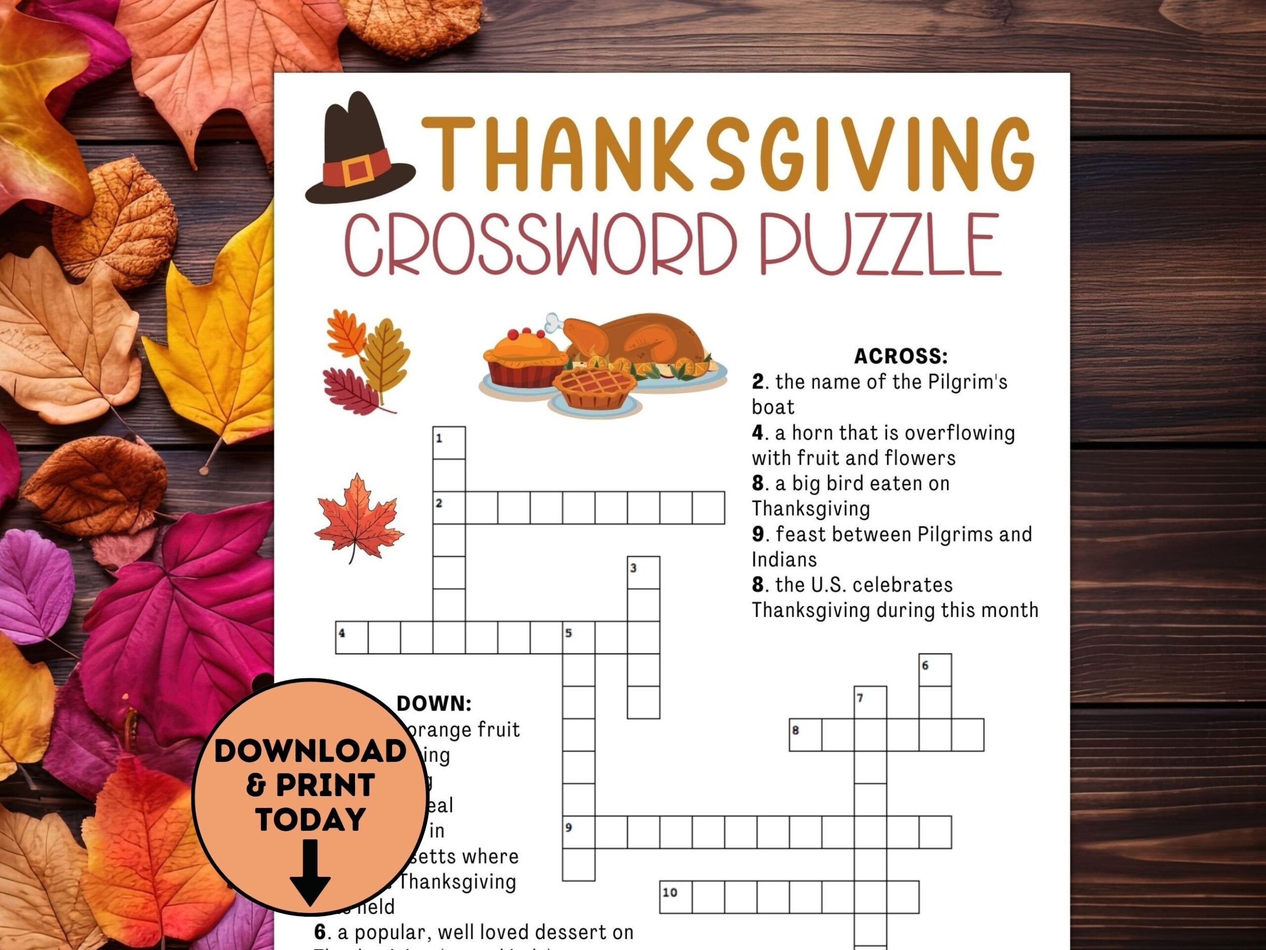 Thanksgiving Crossword Puzzle Etsy