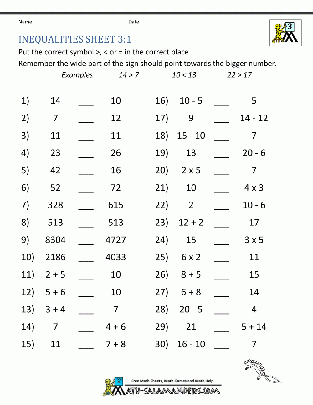 inequality math worksheets