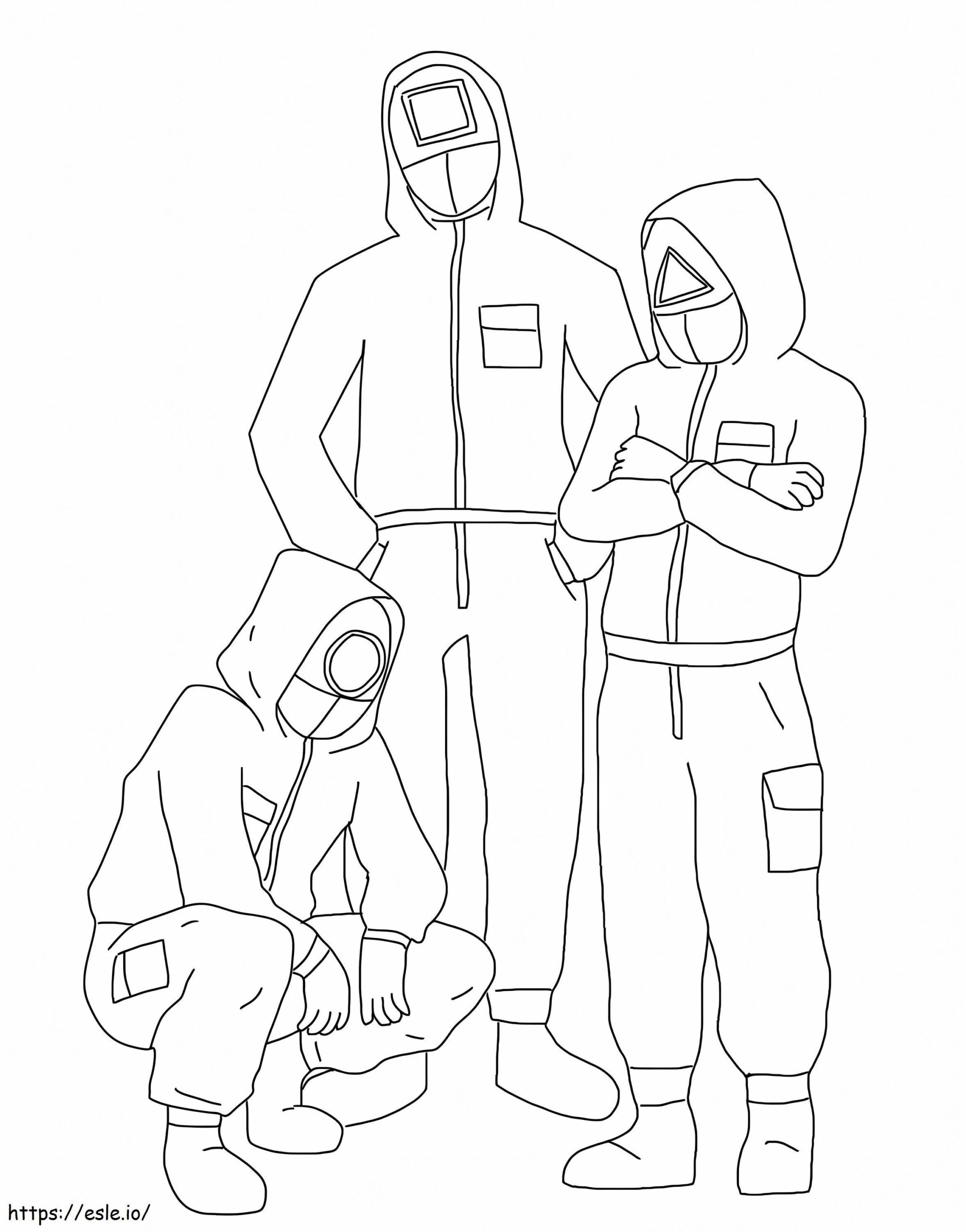 Three Squid Game Red Guards Uniforms Coloring Page