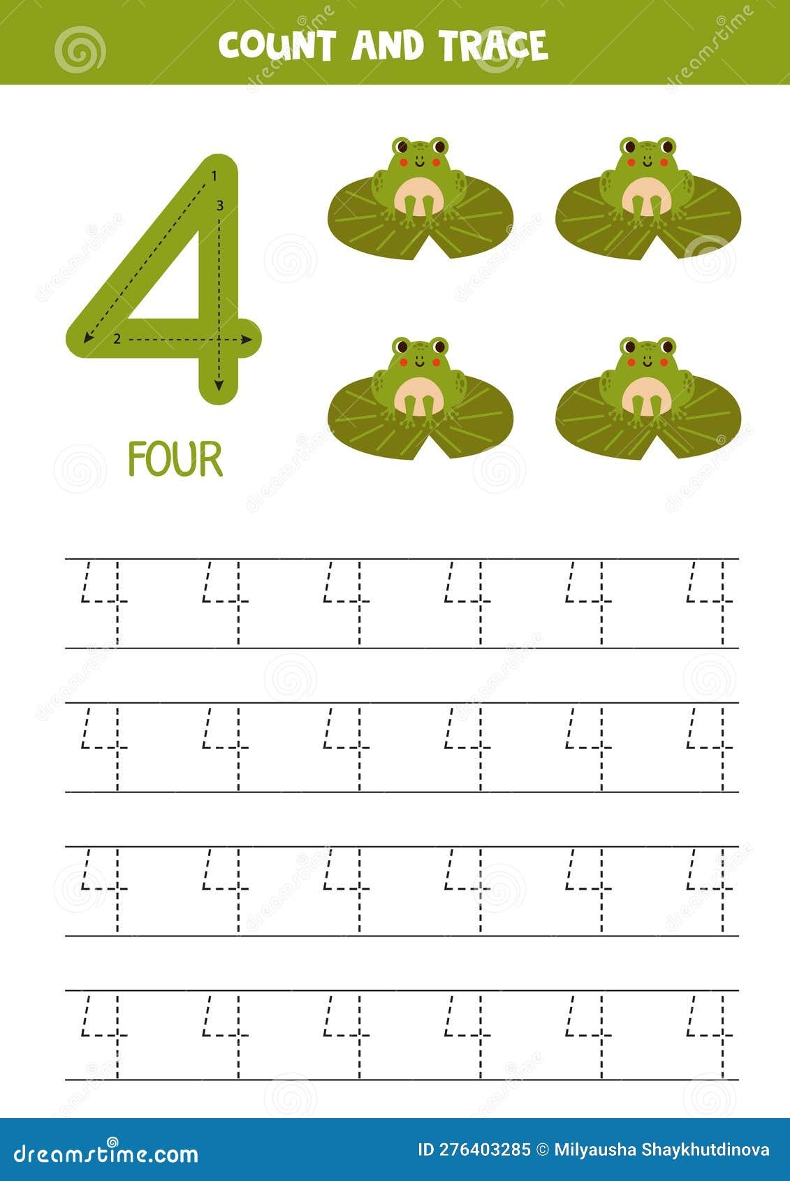 Trace Numbers Number 4 Four Cute Cartoon Frogs Stock Vector 