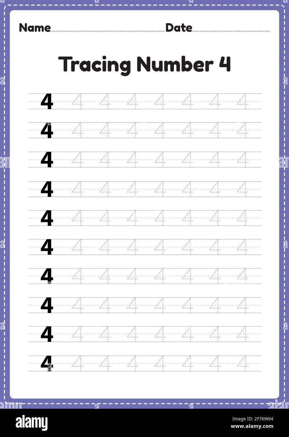 Tracing Number 4 Worksheet For Kindergarten And Preschool Kids For 