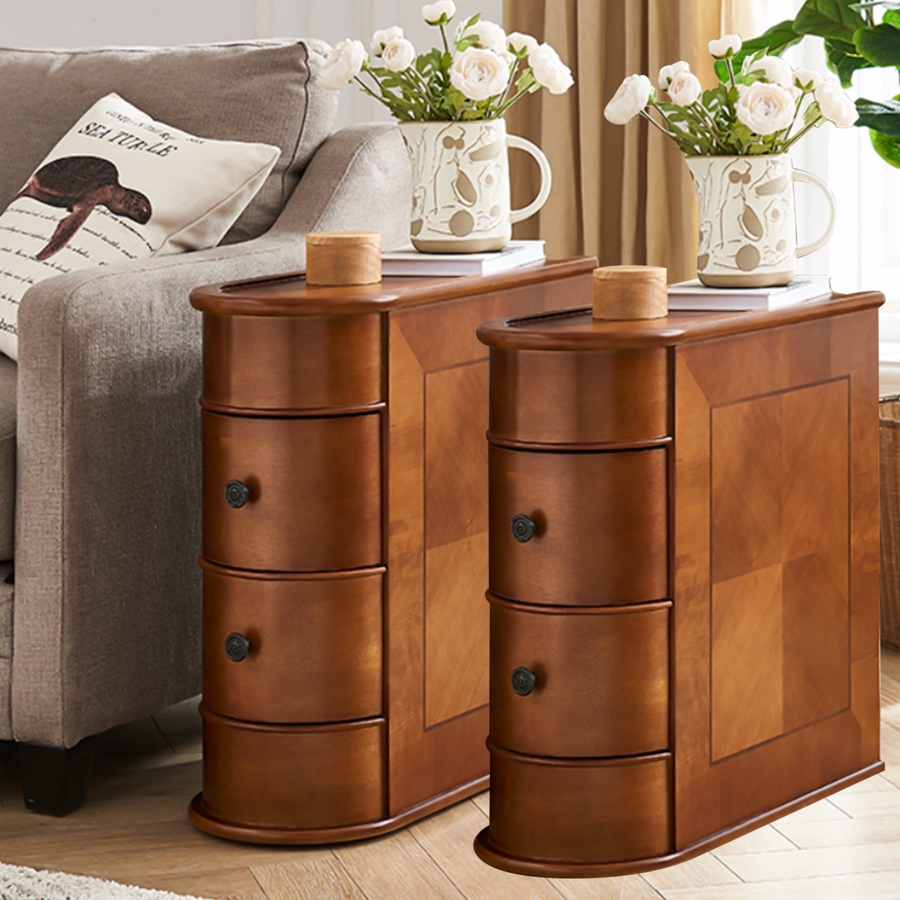 Tribesigns Solid End Table Set Of 2 Two Drawer Narrow Side Table Fully Assembled Brown