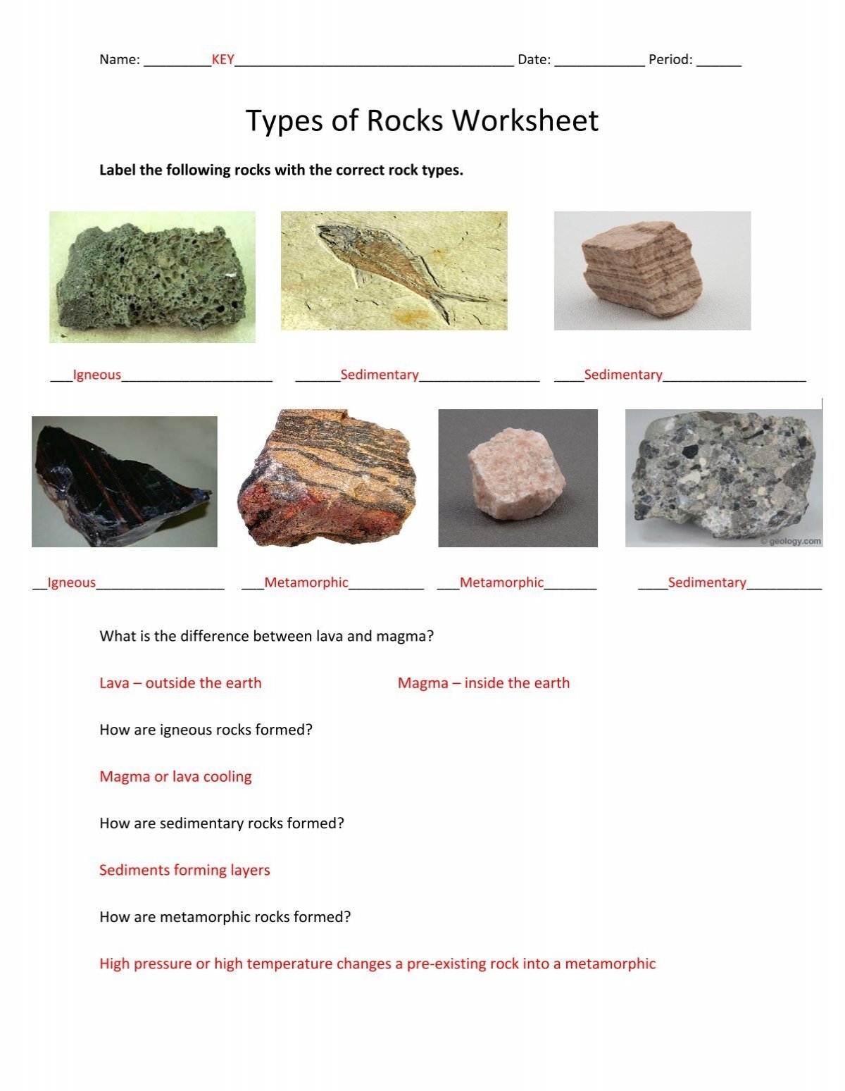 Types Of Rocks Worksheet