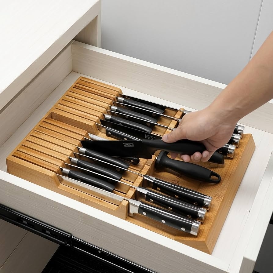 Utoplike In Drawer Knife Block Bamboo Kitchen Knife Drawer Organizer Large Handle Steak Knife Holder Without Knives Fit For 16 Knives And 1