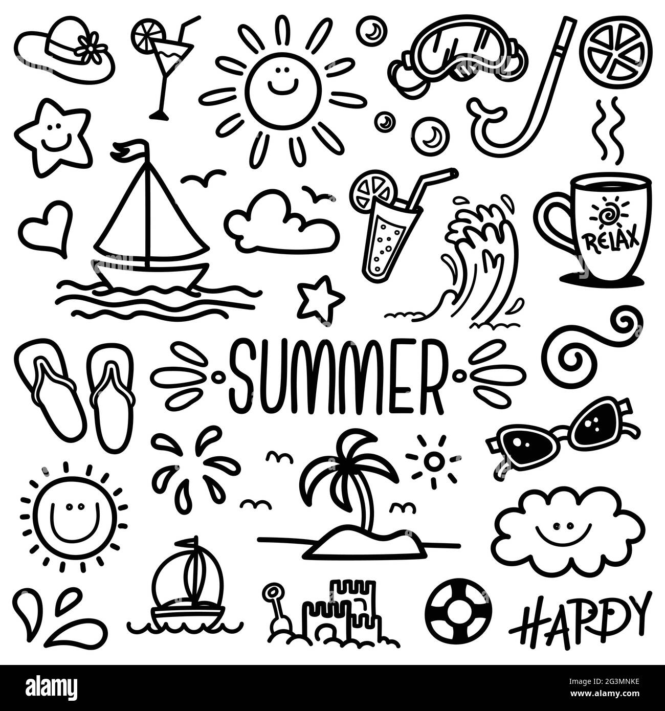 Vacation Doodle Hand Drawn Summer Icon Set Cute Cartoon Drawing 