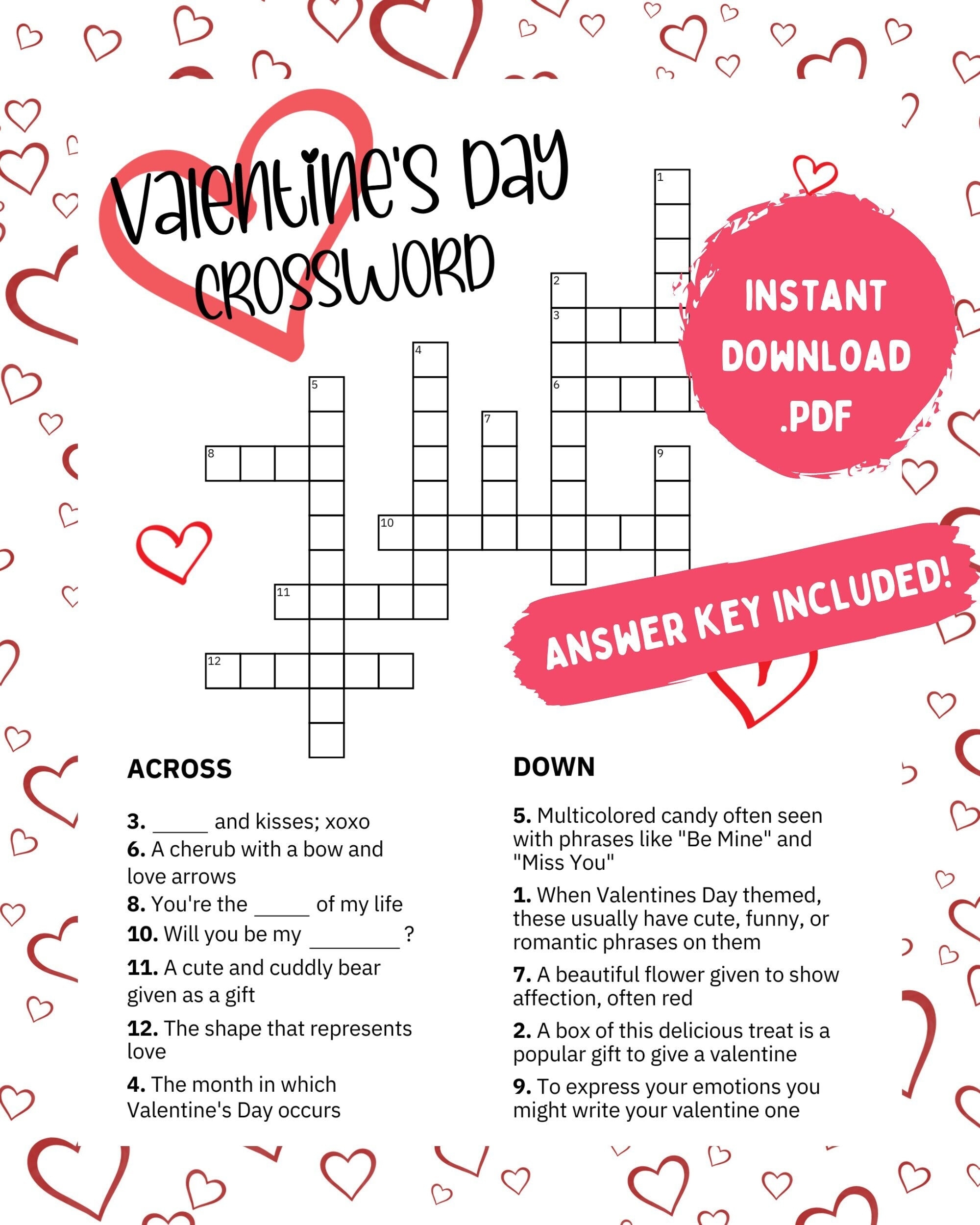 Valentine s Day Crossword With Answer Key Printable Valentine s Day Crossword Valentine s Day Activities For Kids Printable Games