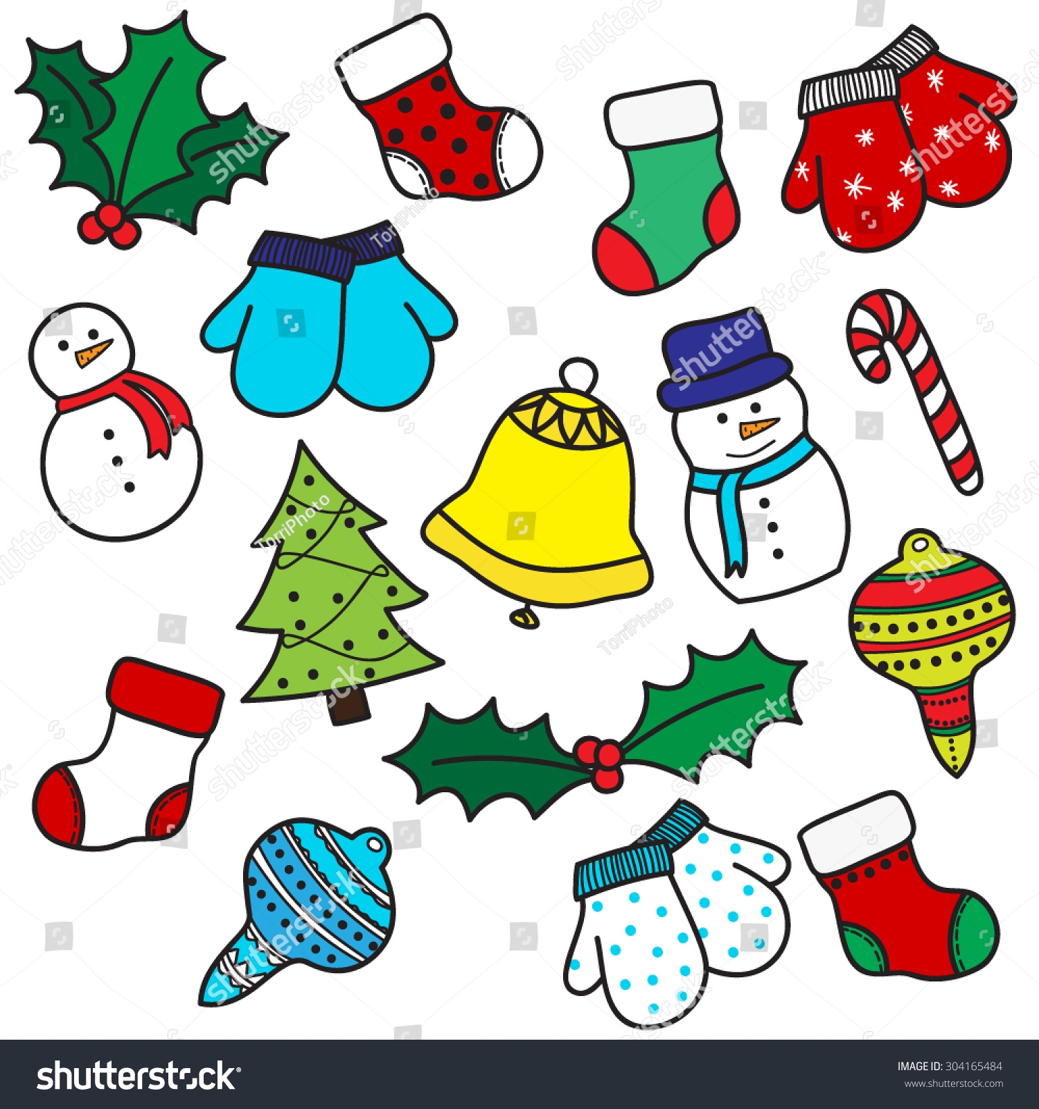 Vektor Stok Set Colorful Hand Draw Cartoon Christmas Tanpa Royalti 304165484 Shutterstock