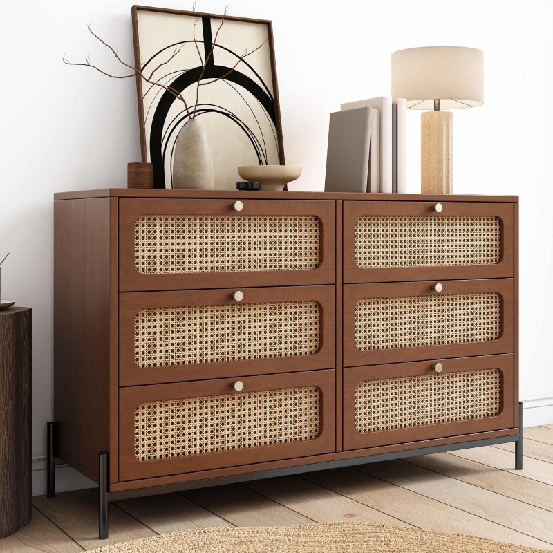Vinsetto Modern Cannage Rattan Wood Closet 6 Drawer Dresser Storage Cabinet Sideboard For Bedroom Living Room Entryway Hallway 47