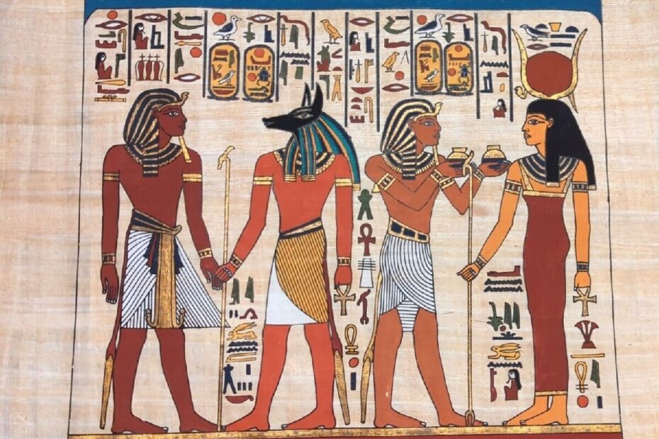 Vintage Egyptian Gods Painting On Papyrus Paper Anubis Hathor