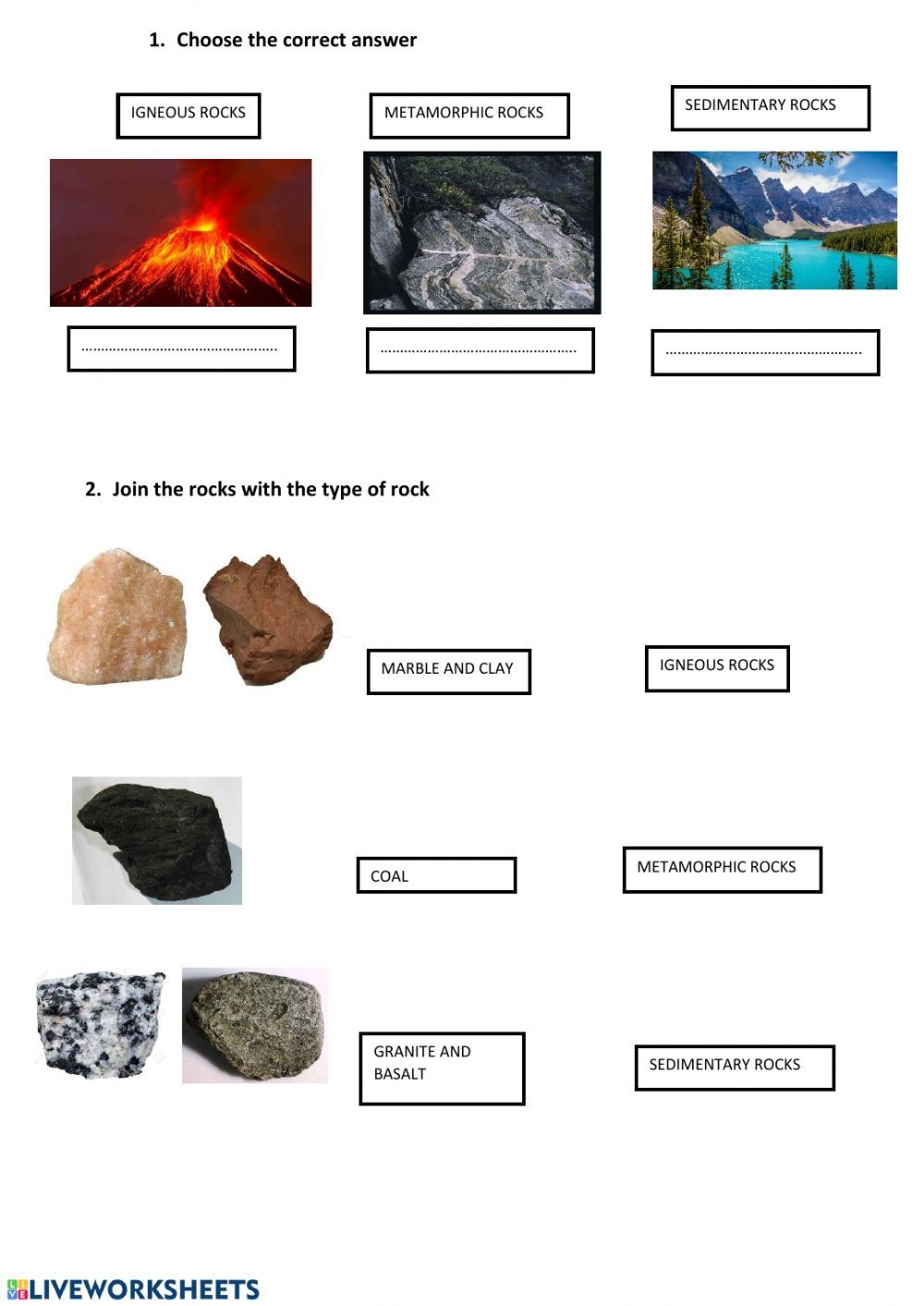 different types of rocks worksheet