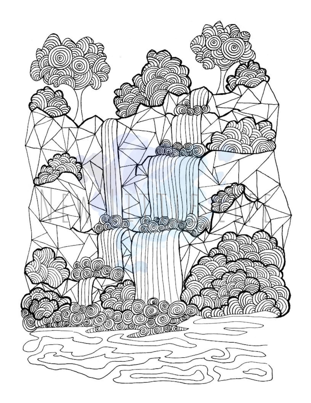 Waterfall Coloring Page DIGITAL DOWNLOAD Adult Coloring Chakra Mandala Coloring Page Waterfall Coloring Page Waterfall Water Etsy