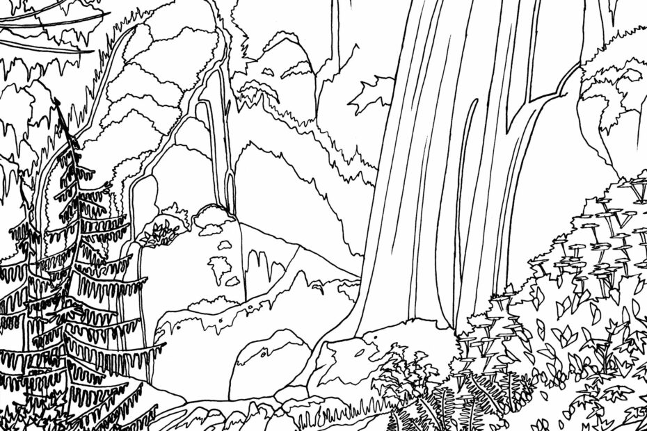 Waterfall In The Forest Adult Coloring Page Adult Coloring Page