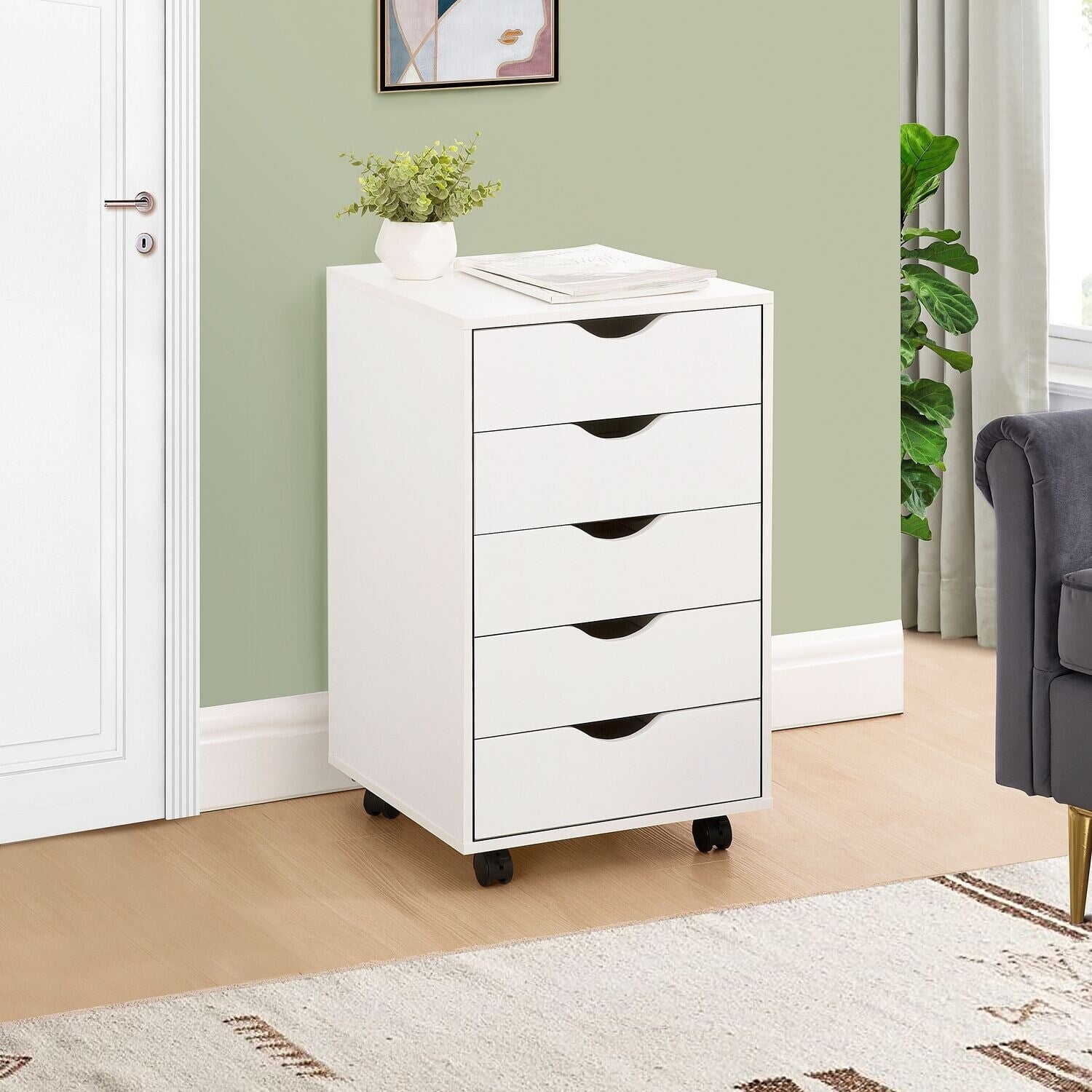 White 5 Drawer Dresser With Casters Home Office Dorm Shop Garage