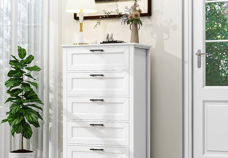 White Dresser With 5 Drawers Vertical Storage For Bedroom Wood Tall Dresser For Hallway Wooden Tall Chest Of Drawers For Entryway Nursery