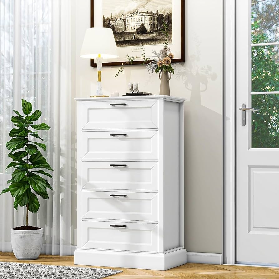 White Dresser With 5 Drawers Vertical Storage For Bedroom Wood Tall Dresser For Hallway Wooden Tall Chest Of Drawers For Entryway Nursery 