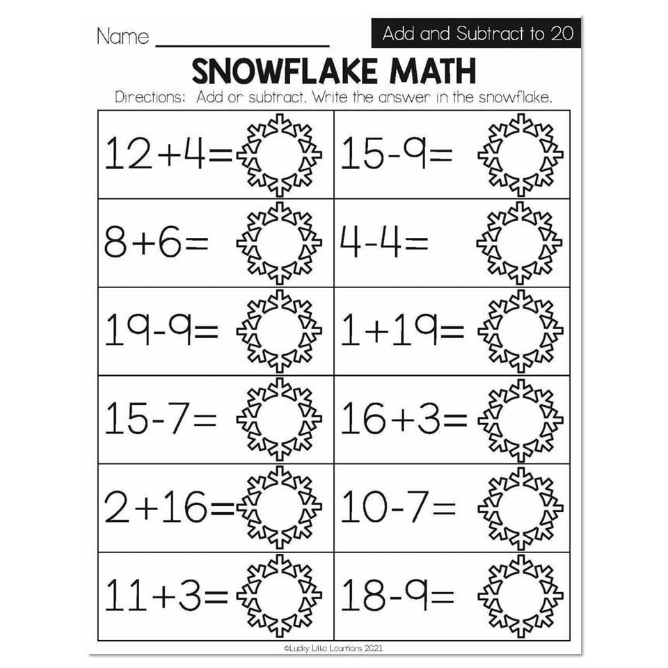 Winter Early Finishers 1st Grade Math Add And Subtract To 20 