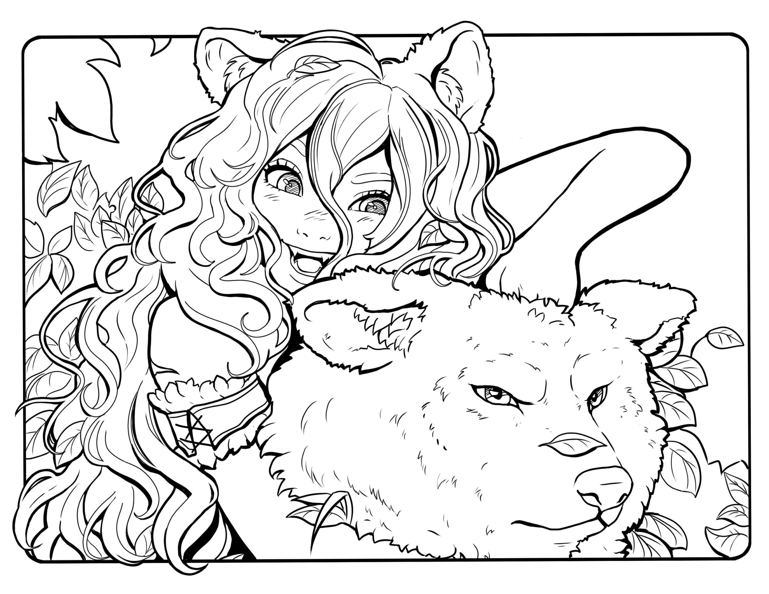 Wolf Girl Printable PDF Coloring Page Mermay Fantasy Anime Manga 