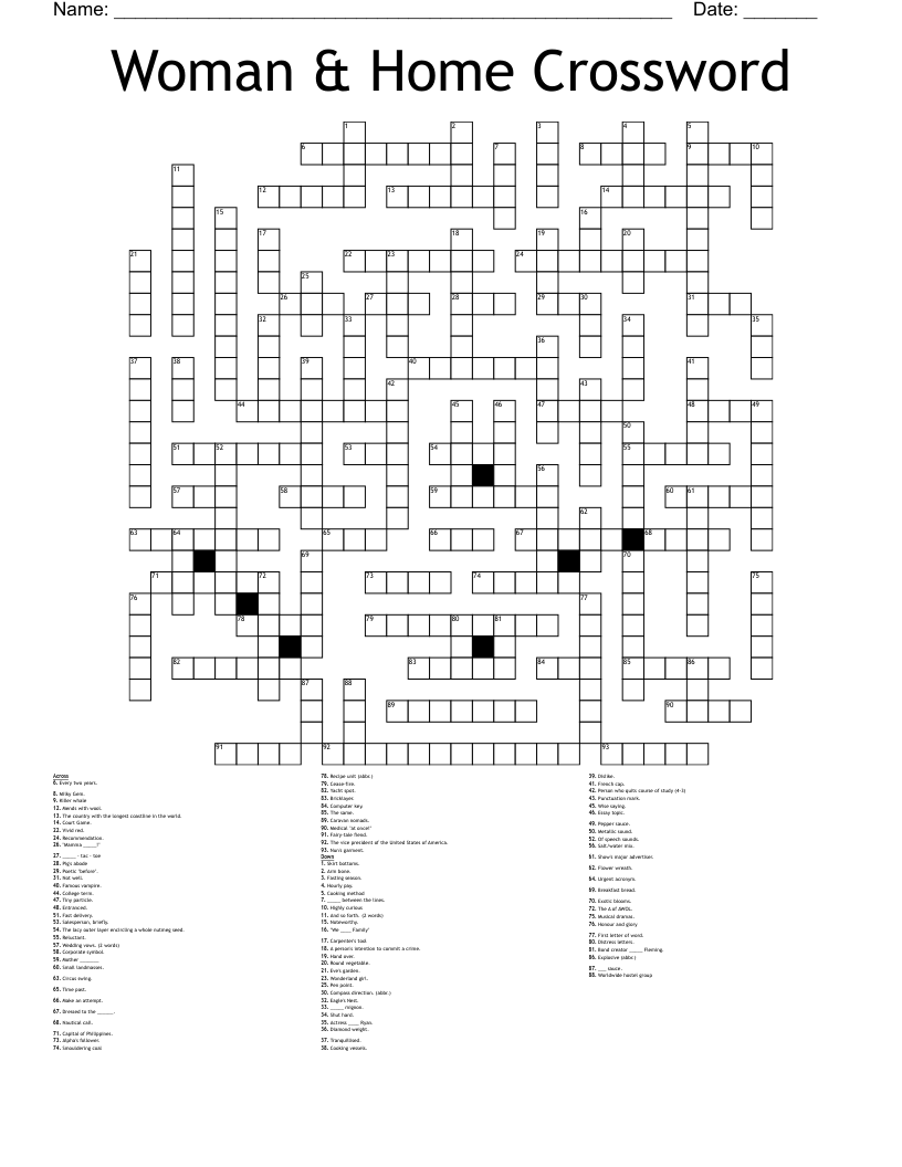 Woman U0026 Home Crossword WordMint