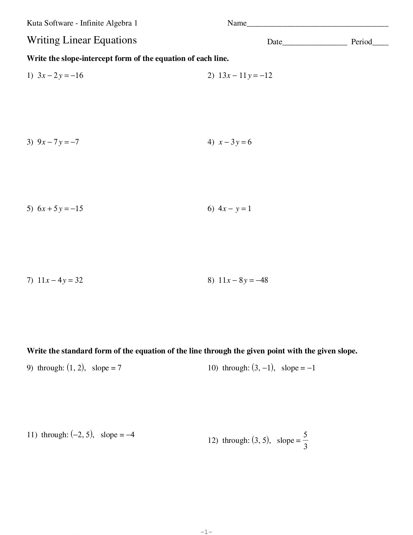 Writing Linear Equations Kuta Software LLC