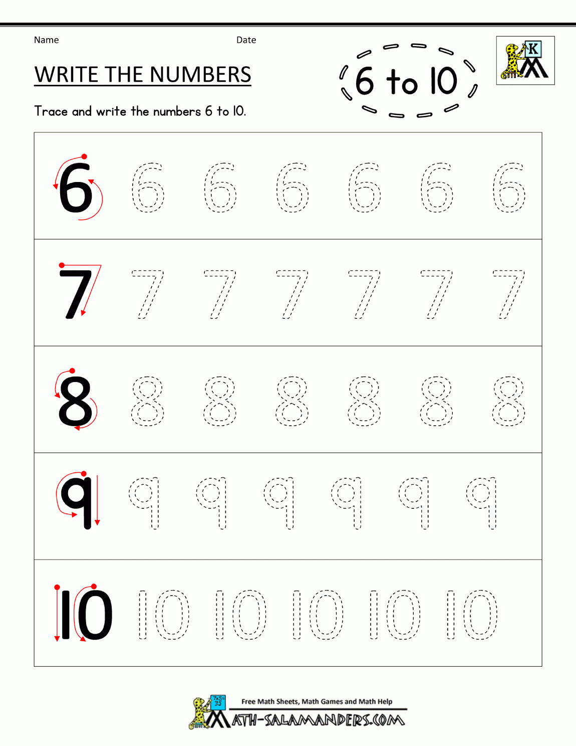 Writing number worksheets write the numbers 6 to 10 gif 1 150 