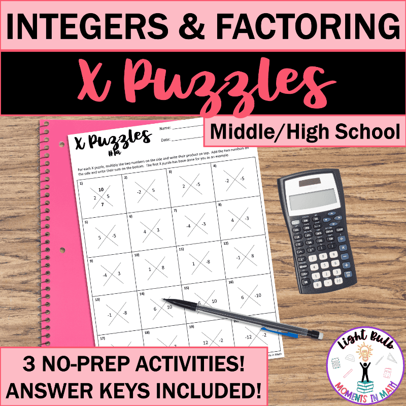 X Diamond Puzzle Activities For Factoring Quadratics Trinomials And Integer Operations Light Bulb Moments In Math
