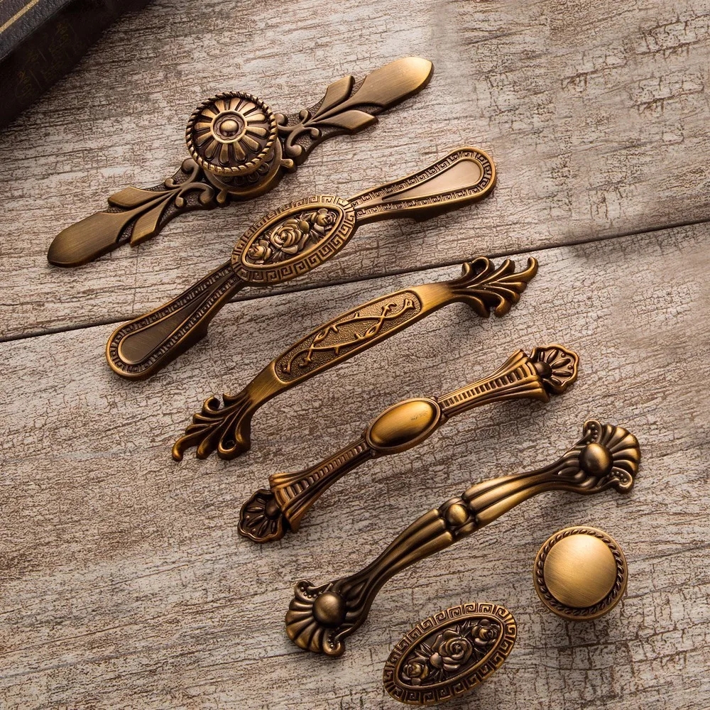 Yellow Bronze Door Handles Noble Antique Drawer Pulls Vintage Kitchen Cabinet Handles And Knobs Retro Furniture Handles AliExpress