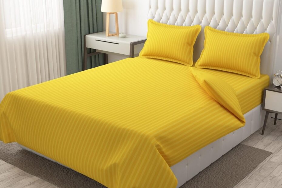 Yellow Color Cotton Satin Striped Double Bed Bedsheet With 2 Pillow Covers Lining Plain Bedsheet For Double Bed King Size With 2 Pillow Covers For
