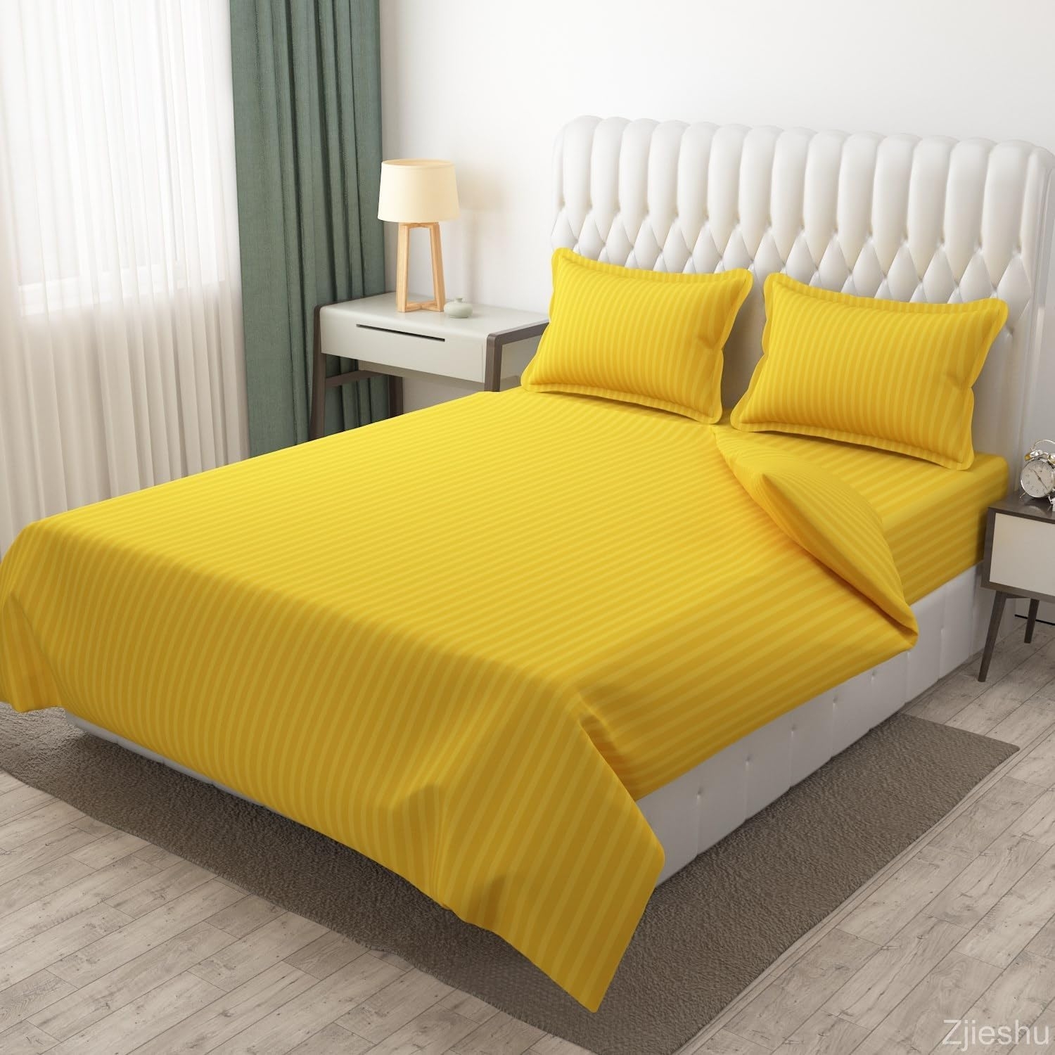 Yellow Color Cotton Satin Striped Double Bed Bedsheet With 2 Pillow Covers Lining Plain Bedsheet For Double Bed King Size With 2 Pillow Covers For 