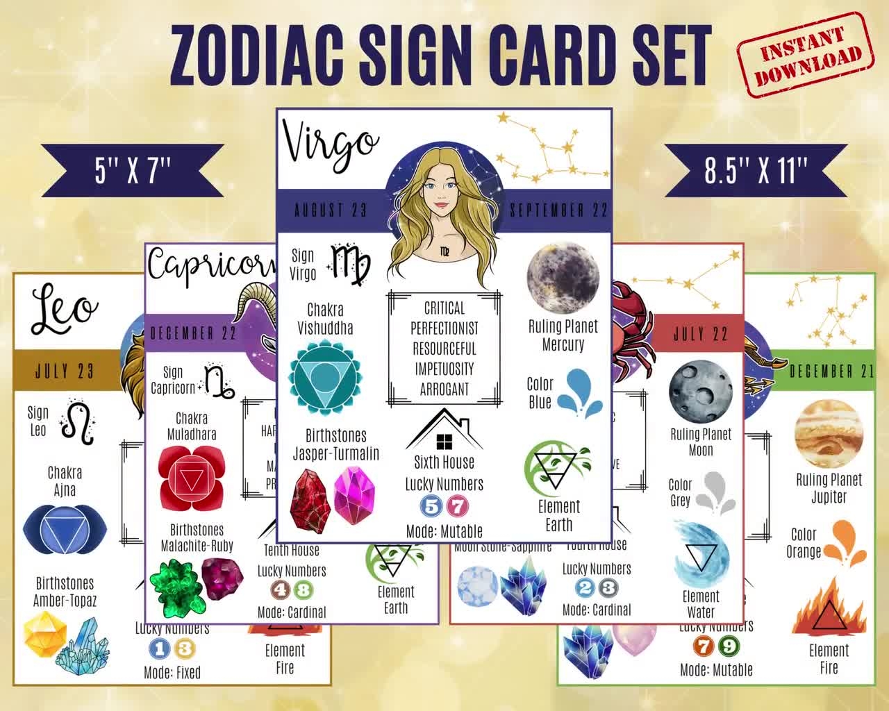 Zodiac Signs Cards Printable Astrology Card Astrology Information Pages Set Of 12 Zodiac Cards Astrological Sign Cards Digital Download