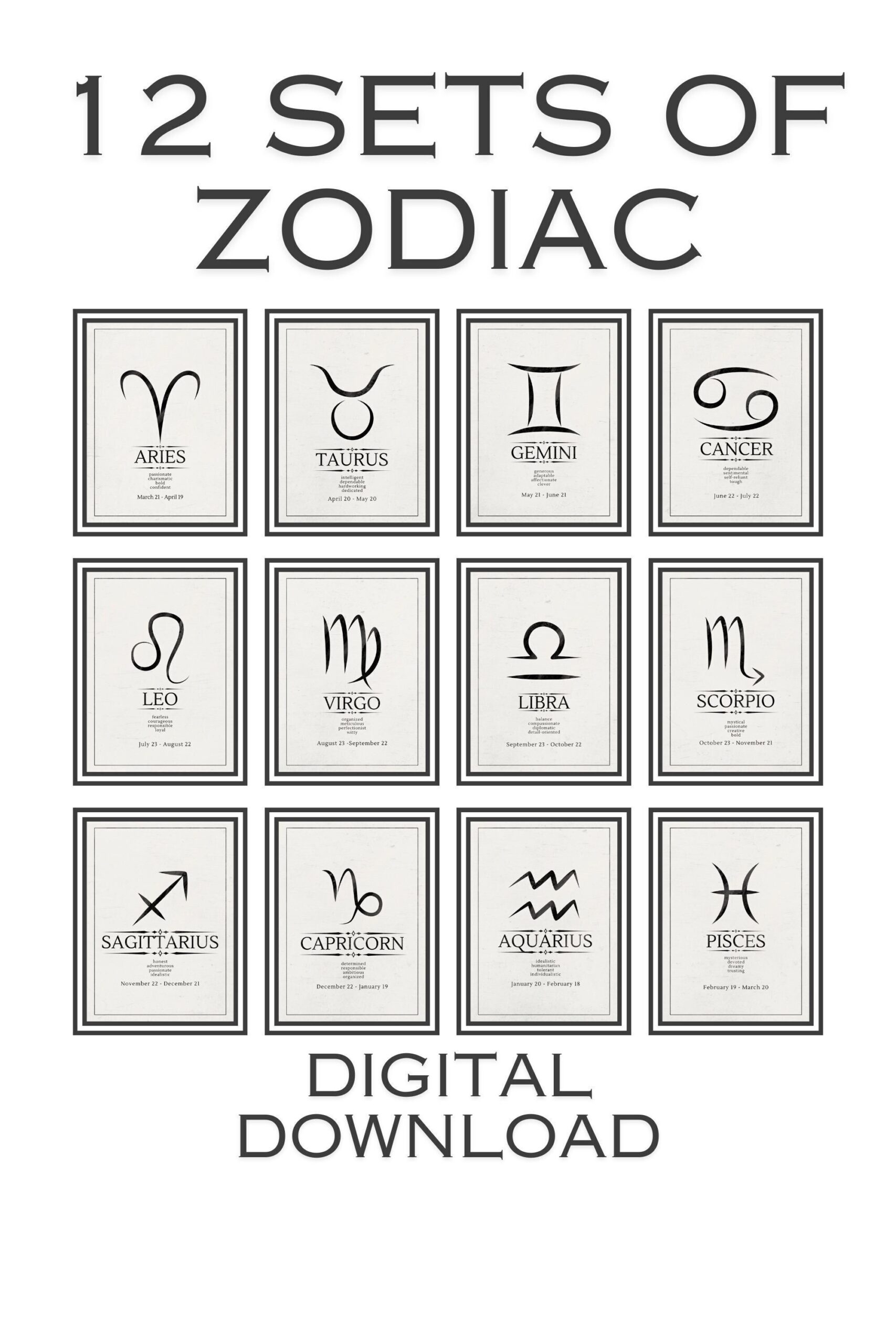 Zodiac Signs Print Set Of 12 Zodiac Sign Zodiac Printable Black And White Sets Minimalist Zodiac Astrology Zodiac Sign Gifts Digital Etsy